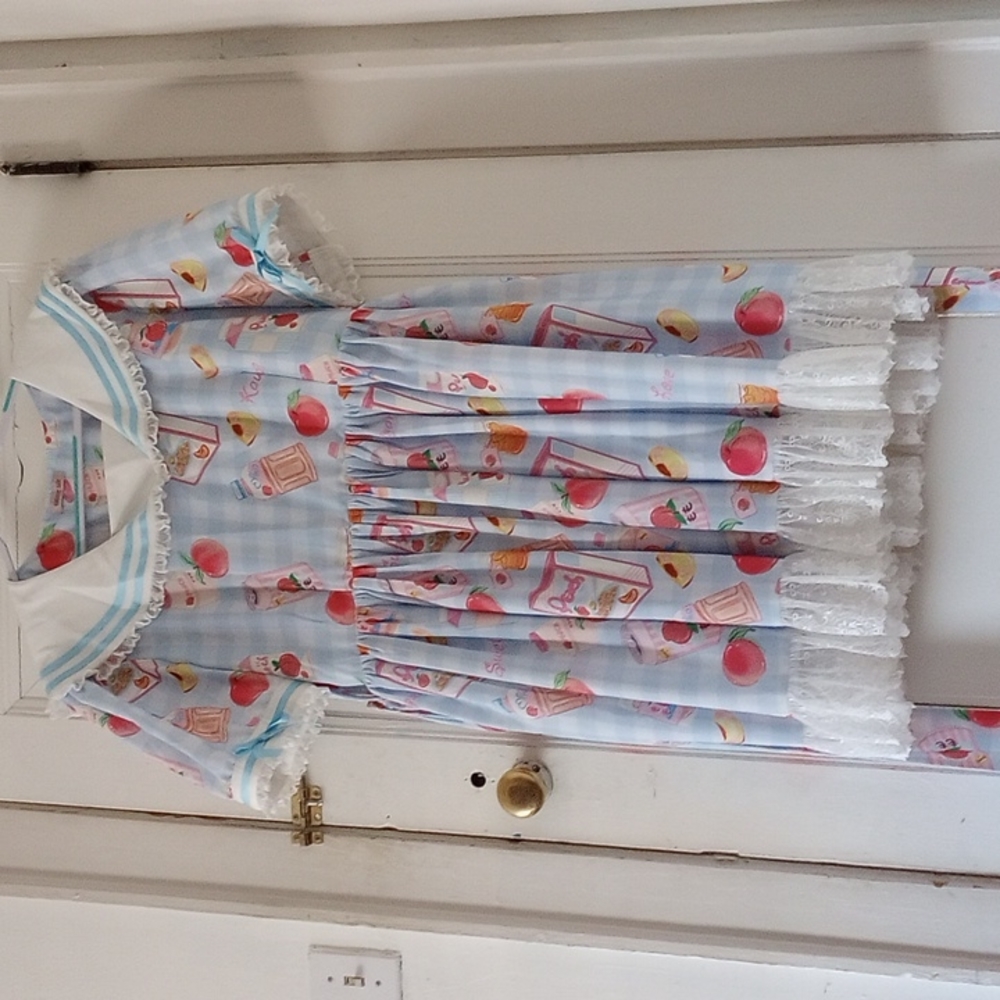 KAWAII LOLITA BLUE GINGHAM PEACH SNACK DRESS XXL